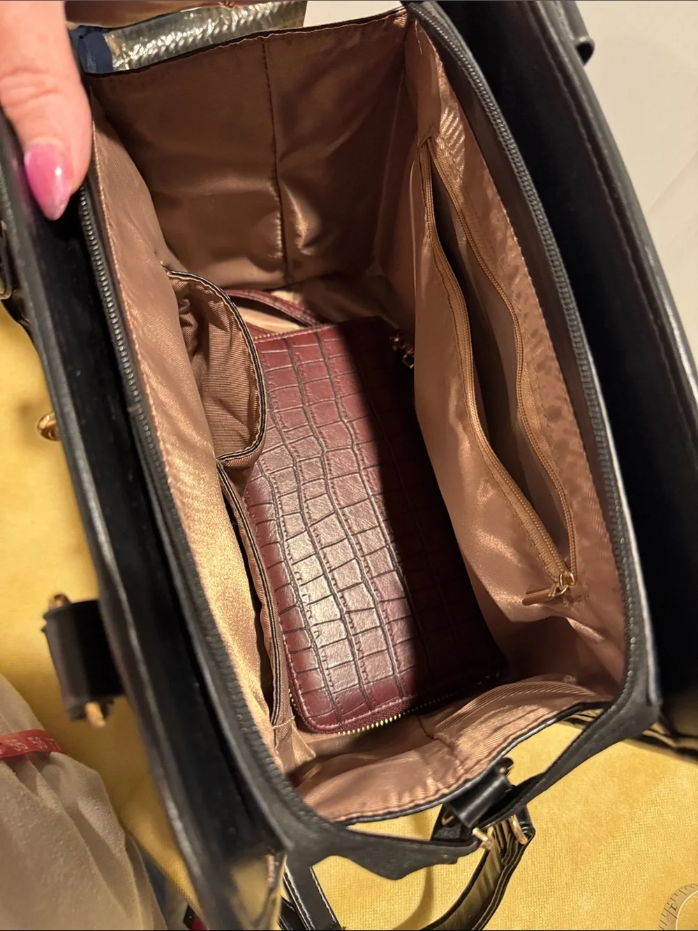 Croc-Embossed Black and Burgundy Satchel with Gold Accent Matching Billfold